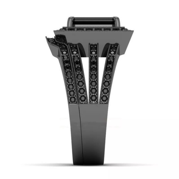 Black Emerald Cut Halo Puzzle Wedding Ring Set - Picture 3 of 7